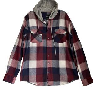 RSQ Hooded Flannel Shirt Mens L Plaid Long Sleeve Button Up Workwear Casual